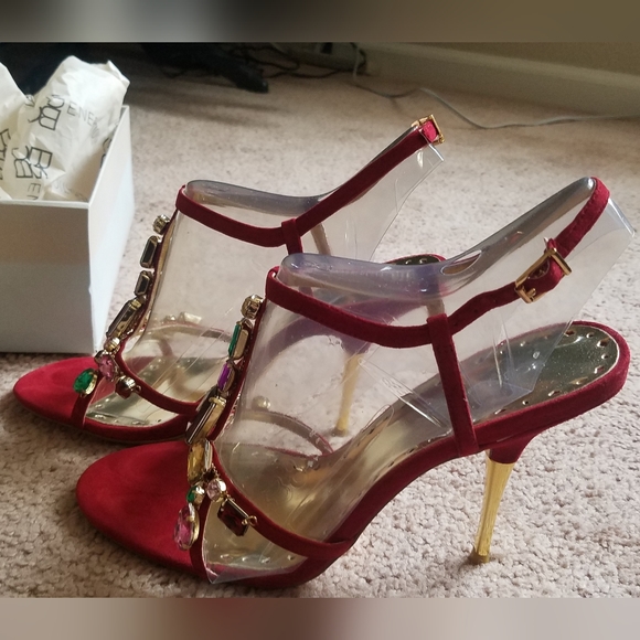 BCBG Red Jeweled Strappy Heels - Picture 2 of 3
